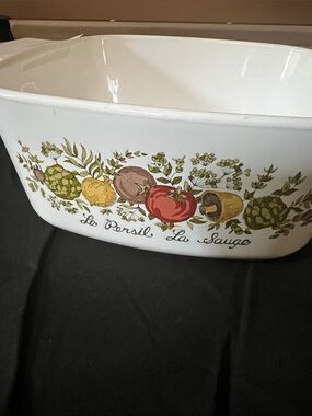 Vintage White Ceramic Baking Dish with Herb & Vegetable Motif - White